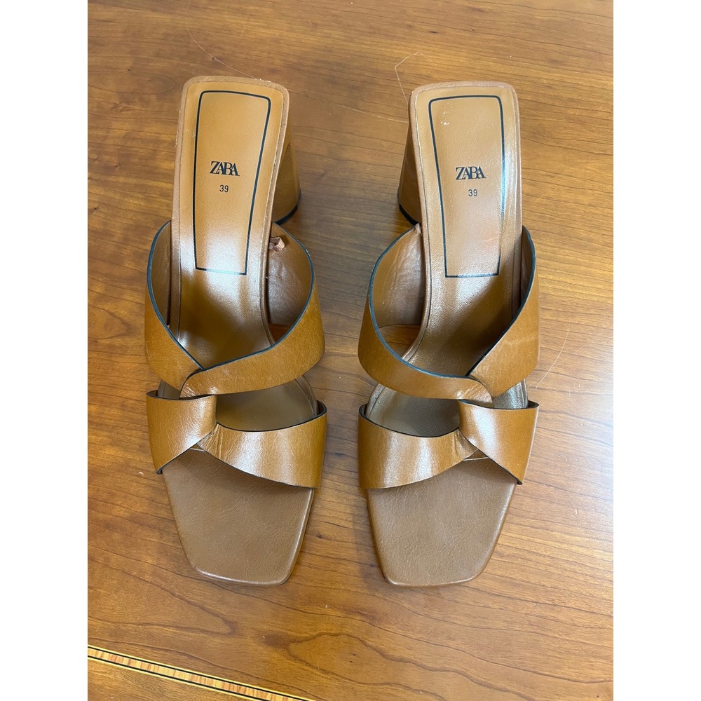Zara Tan Leather Block Heel Sandals Square Toe Crisscross Mule Cognac Brown 39 - Picture 2 of 6